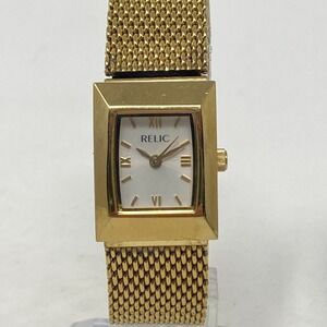 Relic Tank Watch Women 19mm Gold Tone Mesh Band Silver Dial WR New Battery 7.25"